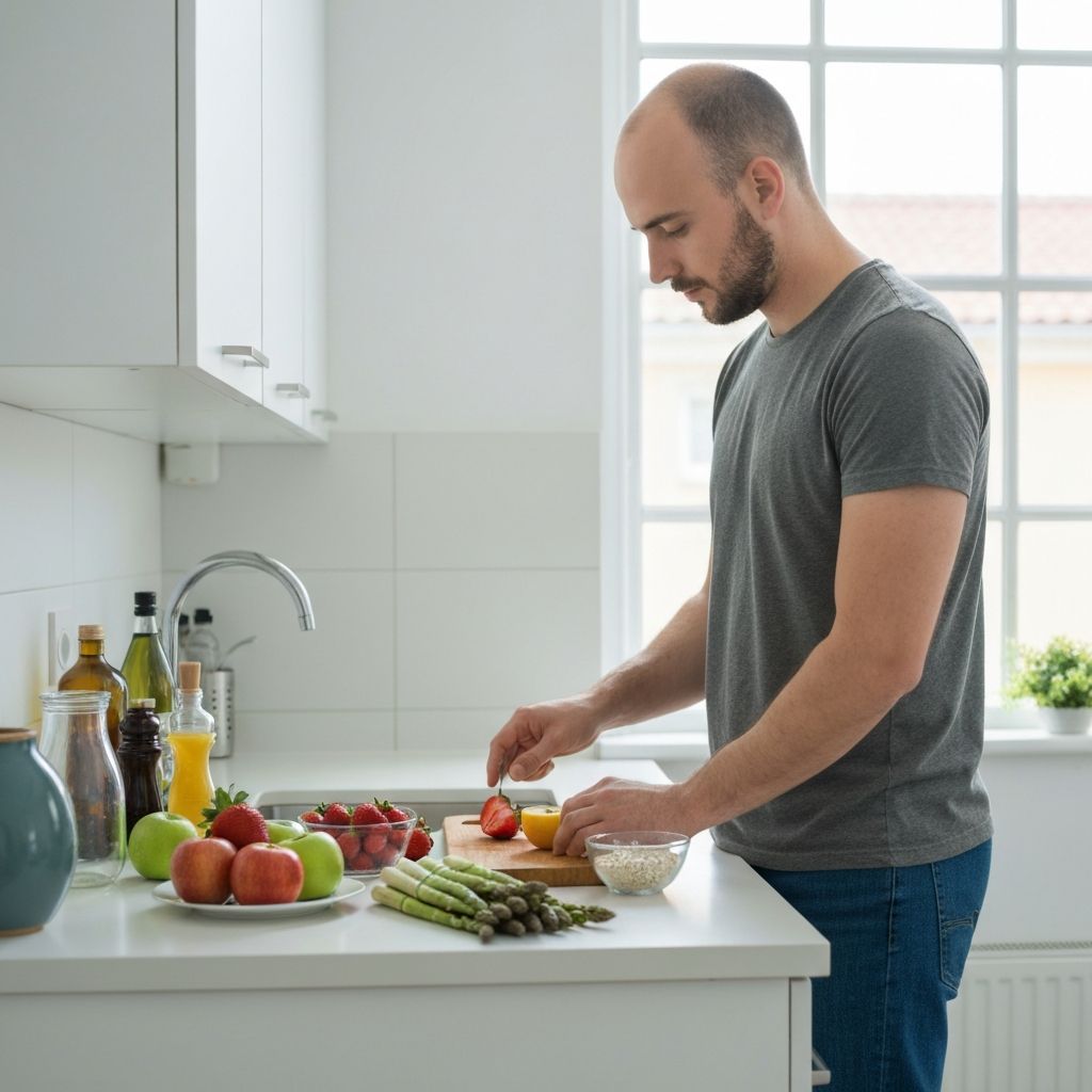 Person preparing a simple lunch at a kitchen counter with fresh ingredients